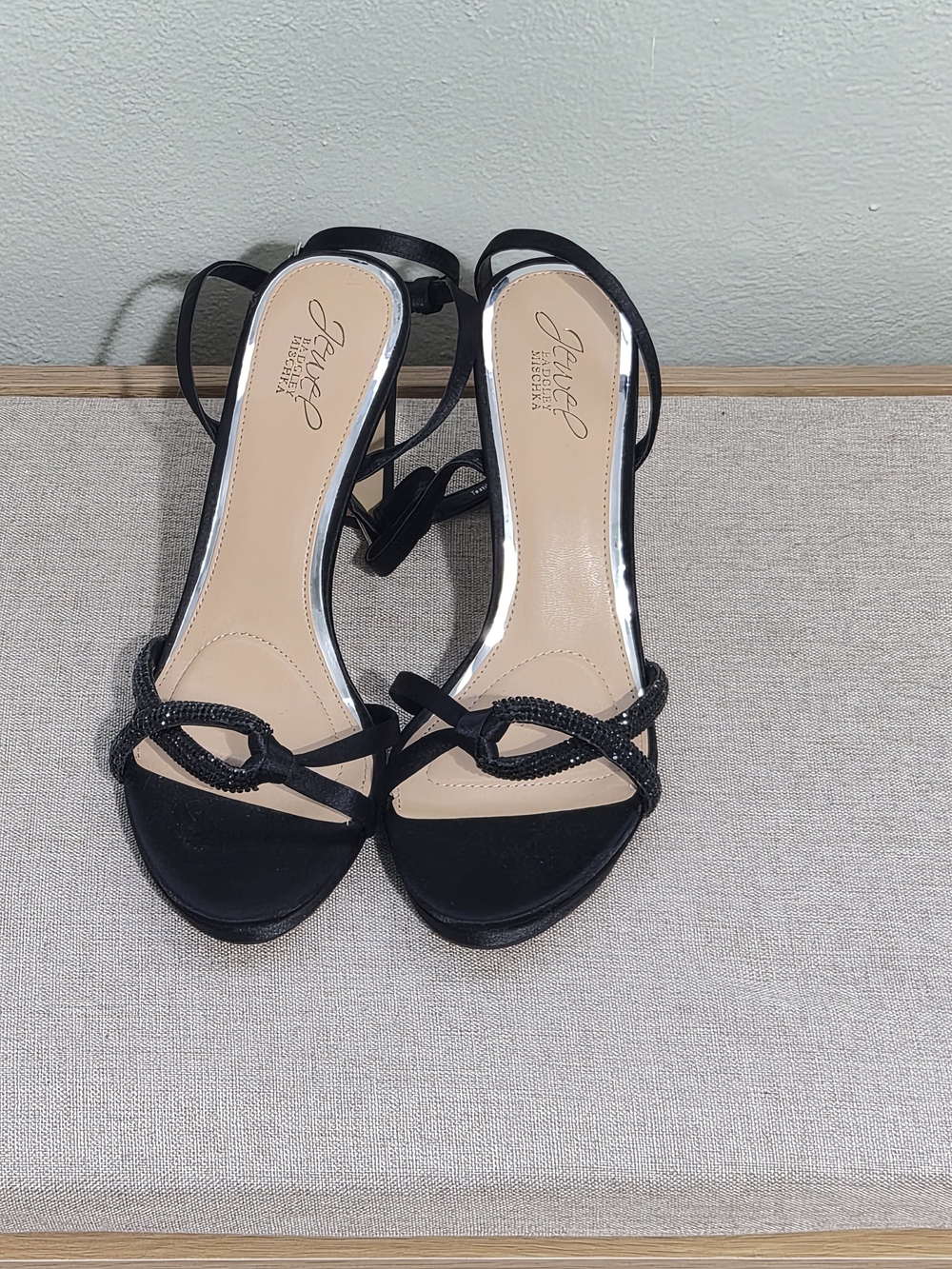 Badgley Mischka Black Strappy Knot Heels with Crystal Detail